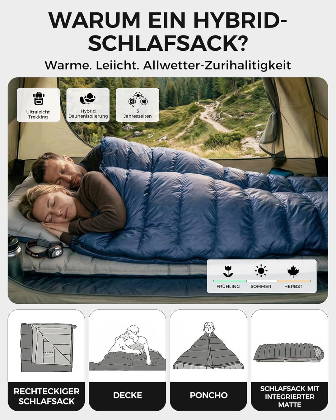 ATEPA Ultraleichter Daunenschlafsack 650/700FP, 3-Jahreszeiten (12°C / 6°C / -1°C), Leicht &amp; Kompakt