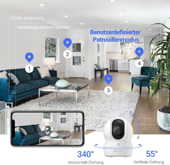 EZVIZ 2K WLAN Überwachungskamera Innen, 360º PTZ Indoor Kamera mit Personenerkennung und -verfolgung