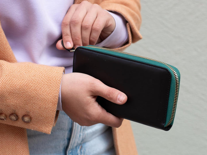 skaard Grosse Damen Geldbörse aus echtem Leder, Schwarz/Grün mit RFID-Schutz XL Schwarz-grün, Schwar