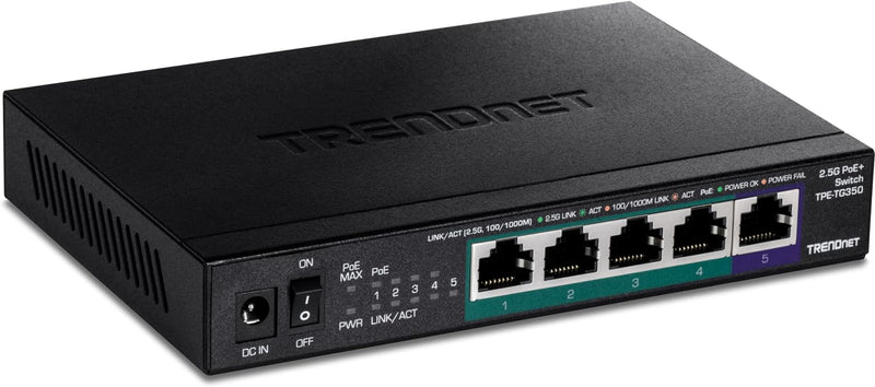 TRENDnet TPE-TG350 5-Port Unmanaged 2.5G PoE+ Switch, Lüfterlos, Kompaktes Desktop-Design, Metallgeh