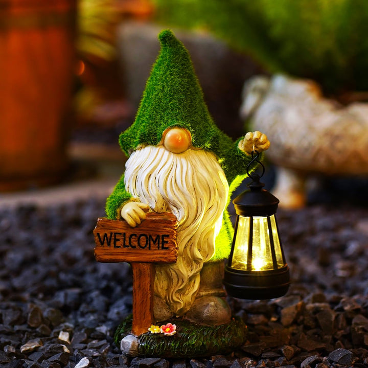 Yeomoo Beflockter Harz Zwerg Gartendeko Figuren, Gartenzwerge für Aussen mit LED-Solarlaterne, Wasse