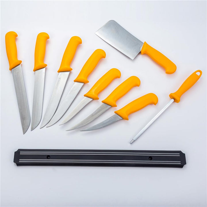 HOOZ Profi Fleischermesser Set 10-teilig inkl. Magnetstreifen und 2 gebogene Ausbeinmesser - Hochwer