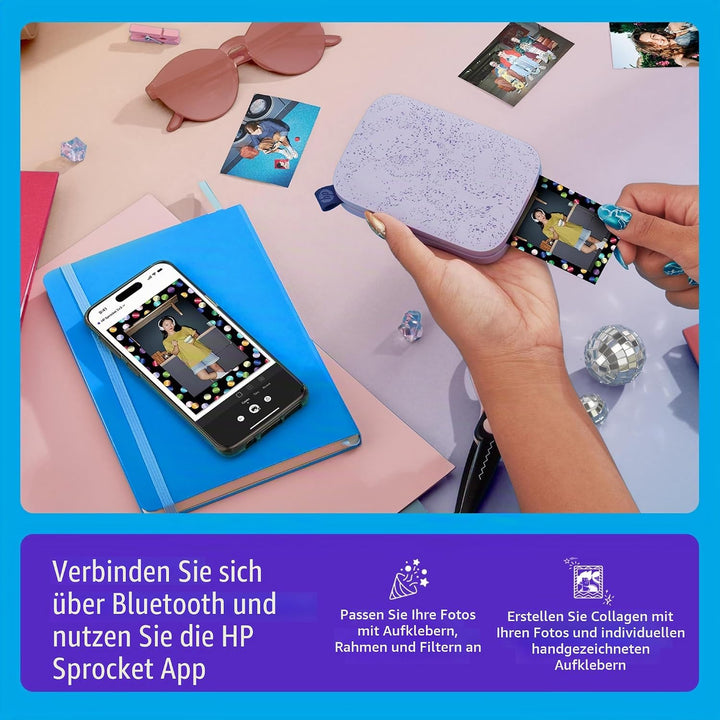 HP Sprocket Portable 5x7.6 cm Sofortbilddrucker (Lila) Drucken Sie Bilder auf Zink Sticky-Backed Pap