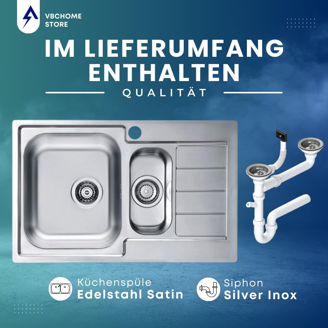 VBChome Einbauspüle mit Hahnloch Rechts 790x500 mm Camping Küchenspüle - Satinstruktur Alveus Line 7