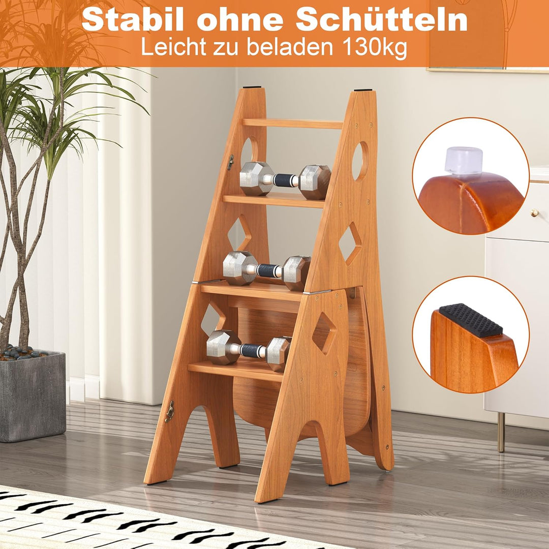 DFENG Klappbarer Bibliotheksleiter Stuhl Aus Massivholz, Faltbarer 4 Stufen Hocker, Hockerleiter bis
