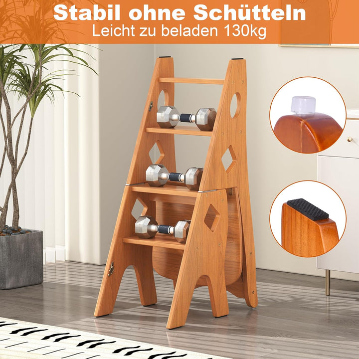 DFENG Klappbarer Bibliotheksleiter Stuhl Aus Massivholz, Faltbarer 4 Stufen Hocker, Hockerleiter bis