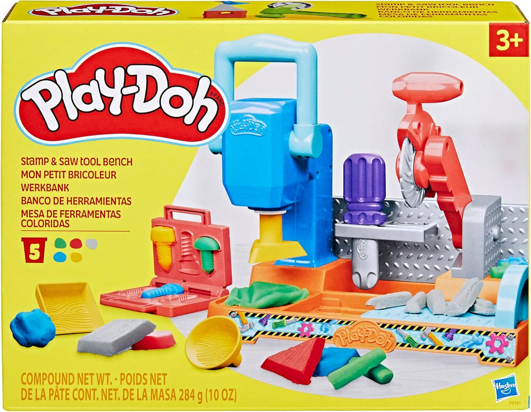 Play-Doh Werkbank Spielset, 5 x 56 g Dosen Modelliermasse in bunten Farben, mit Kreissäge-Spielzeug,