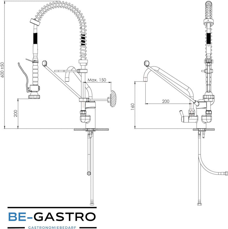 BE-GASTRO® I Profi Gastro Geschirrbrause „Premium“ inkl. Wasserhahn, Mischbatterie & ergonomischem L