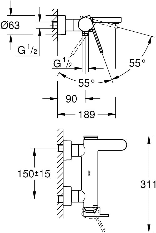 GROHE Plus | Badarmatur- Einhand-Wannenbatterie | mit Temperaturbegrenzer | chrom | 33553003 Chrom E