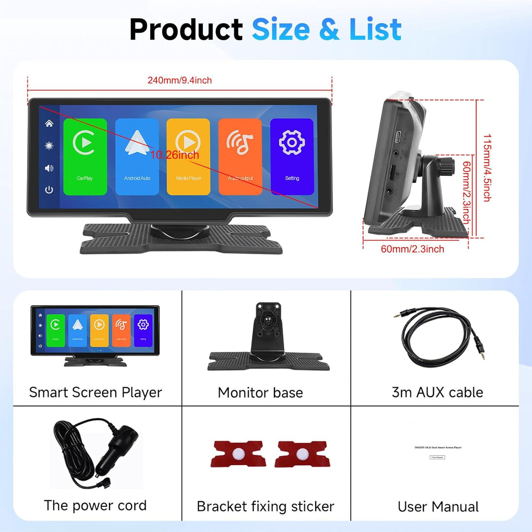 Hodozzy Tragbares Autoradio Wireless Carplay Android Auto, 10,26 Zoll IPS Touchscreen Bildschirm Tra