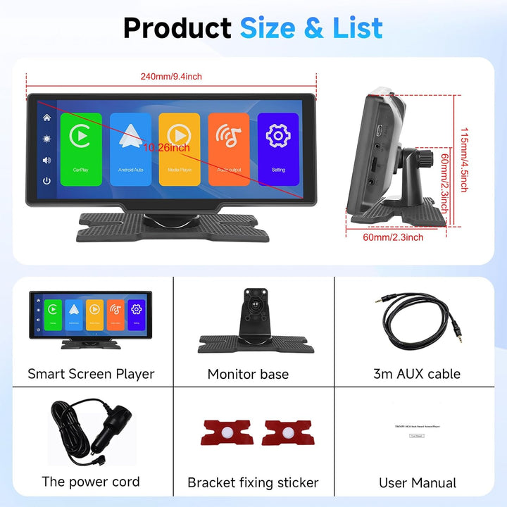 Hodozzy Tragbares Autoradio Wireless Carplay Android Auto, 10,26 Zoll IPS Touchscreen Bildschirm Tra