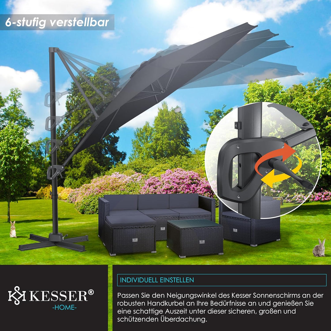 KESSER® Sonnenschirm Ampelschirm SUN Rund XL Ø330 cm Inkl. Abdeckung + Windsicherung 7-Fach Verstell
