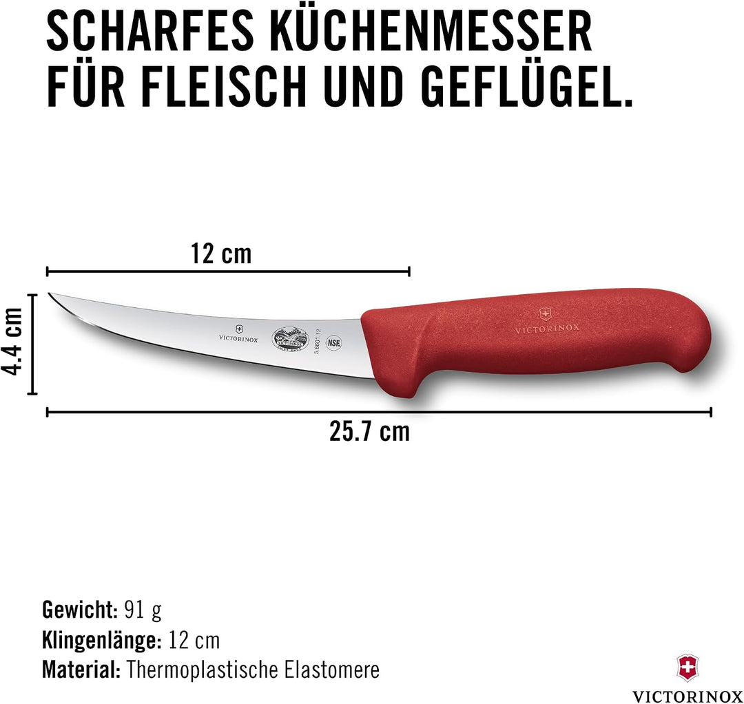 Victorinox Fibrox Ausbeinmesser, Scharfes Küchenmesser für Fleisch und Fisch, 12 cm, Gebogene Klinge