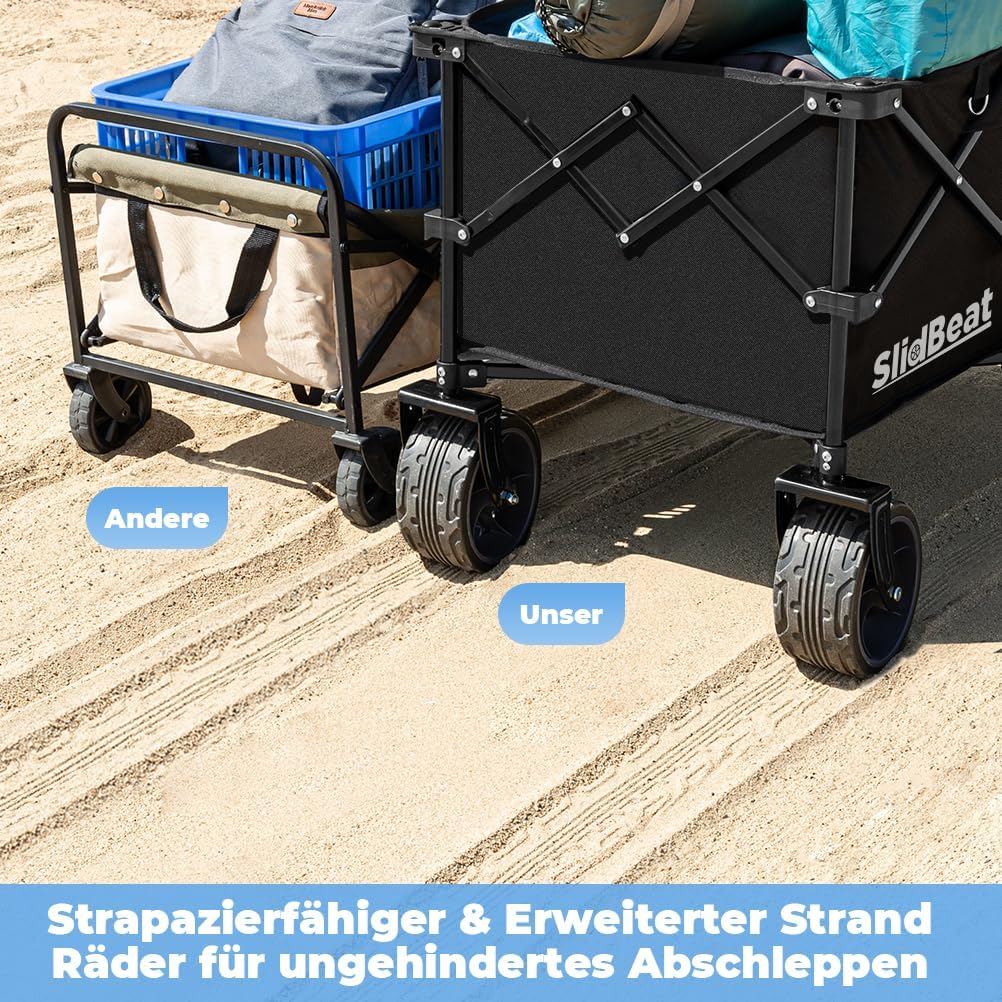 SLIDBEAT XXL Bollerwagen Faltbar 220L 200KG, Faltbarer Bollerwagen mit Bremsen, Getränkehalter Verst