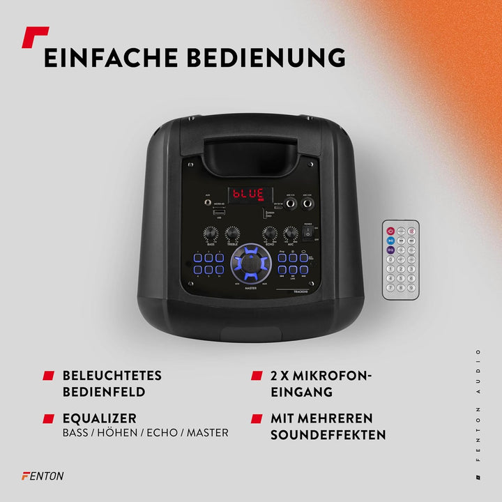 Fenton Track510 Musikbox Bluetooth Gross mit LED 160W, 10 Std Akku, 2 Mikrofone, Fernbedienung, Part