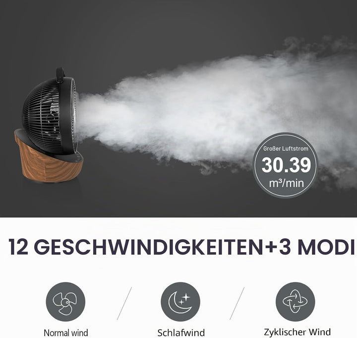 4UMOR Ventilator leise 20dB 7,6m/s Turbo 21W DC Motor 12 Geschwindigkeiten Tischventilator sehr Leis