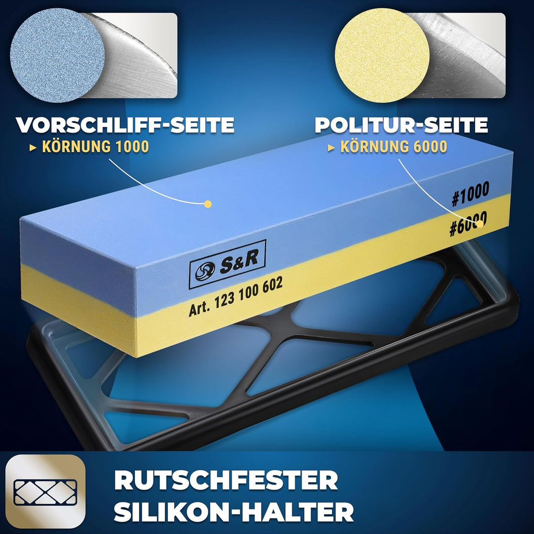 S&amp;R Praktisches Schleifstein-Set 4-tlg, Doppelseitiger Schruppstein, Abziehstein Körnung 1000/6000,