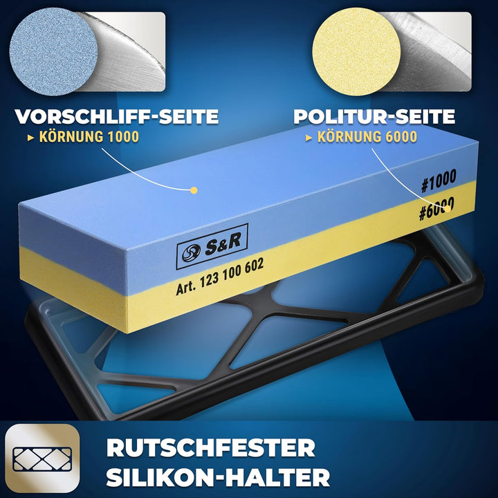 S&amp;R Praktisches Schleifstein-Set 4-tlg, Doppelseitiger Schruppstein, Abziehstein Körnung 1000/6000,