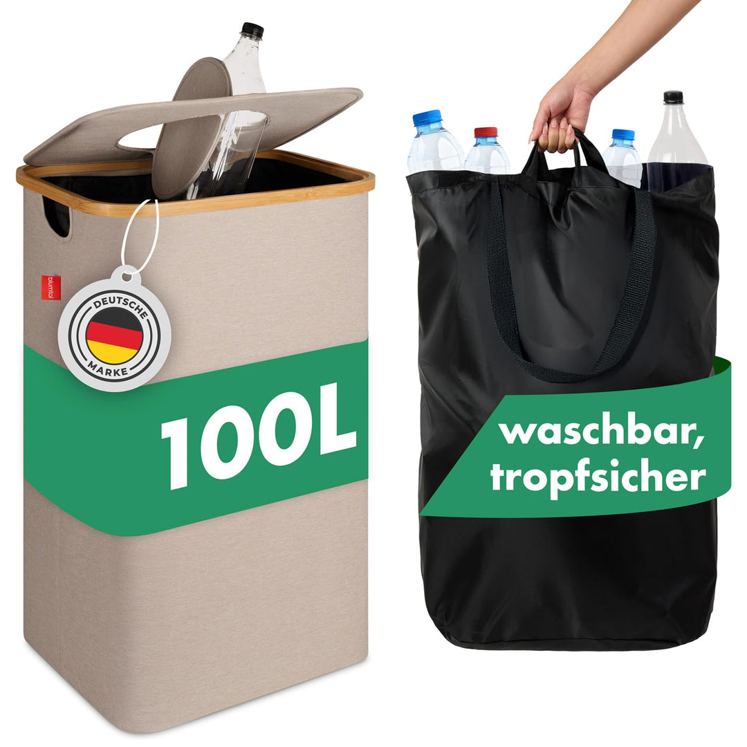 Blumtal Pflandflaschen Sammelbehälter 100L - Bambus Pfandflaschen Organizer mit Pfandflaschen Tasche