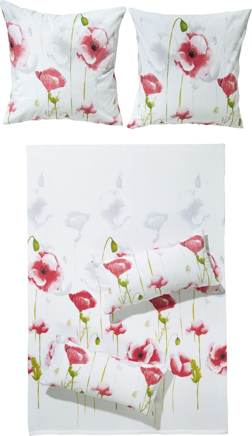 Erwin Müller Bettwäsche-Set Seersucker Mohnblume, Bettbezug, Kissenbezug rot-grün-weiss Grösse 40x80