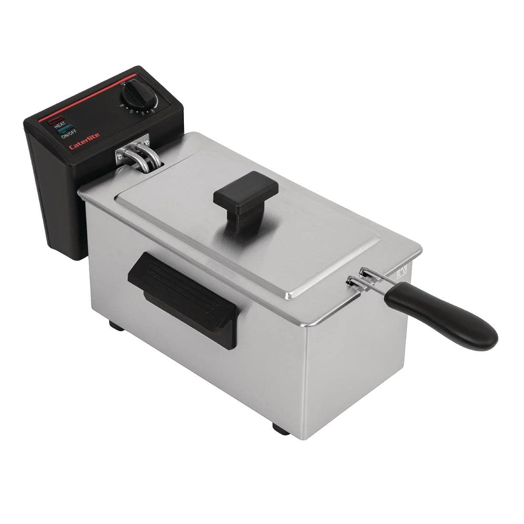 Caterlite 2kW-Edelstahl-Einzelbehälter-Elektrofritteuse 3,5 Liter, inkl. Deckel, Temperaturbereich 1