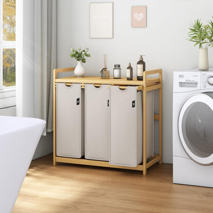 AdelDream Wäschekorb mit Bambusrahmen 150L 3 Fächer Bambus Wäschesammler laundry baskets Bogendesign