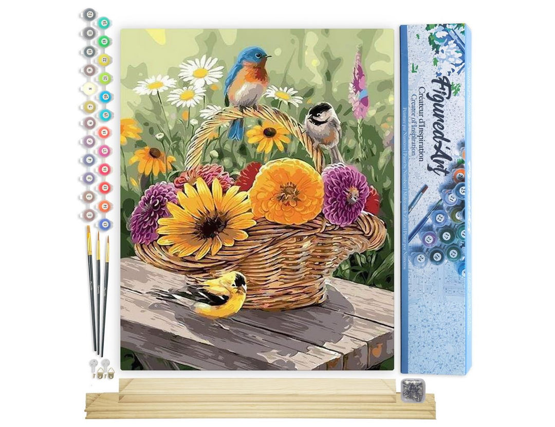 Figured'Art Malen Nach Zahlen Erwachsene Mit Rahmen Blumen im Korb und Vögeln - Paint by Numbers Bas