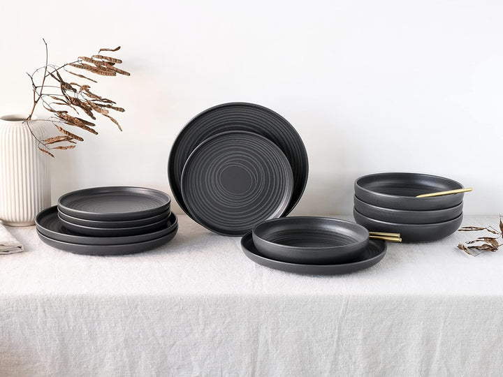 CreaTable 23861, Serie Uno Black Lava Stone, Teller Set 12 teilig Black Lava Stone Tafelservice 12 t
