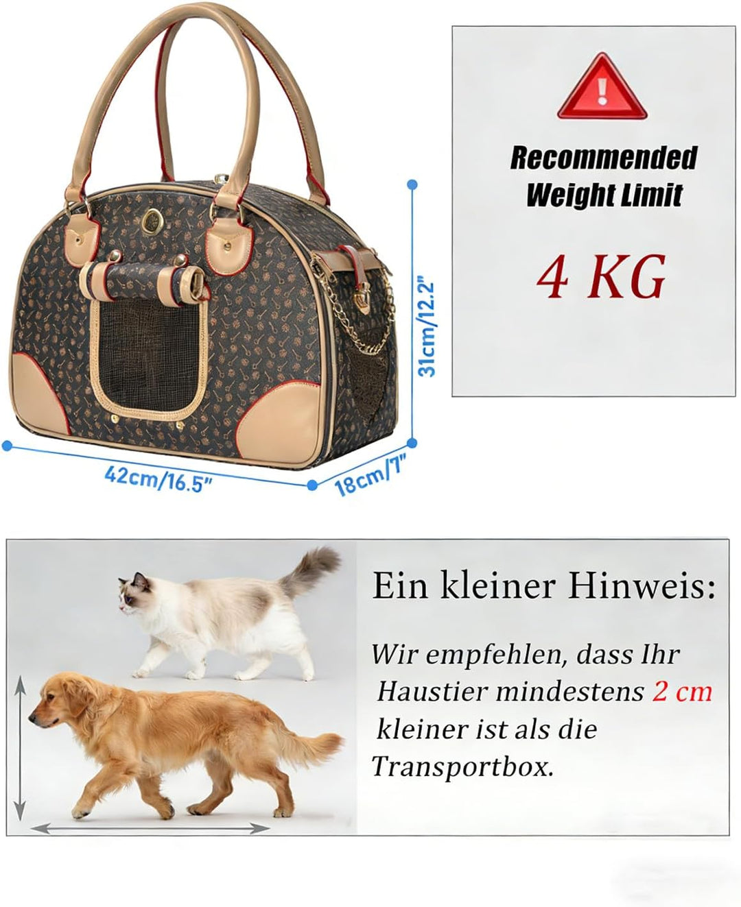 Hundetasche Tragbarkeit,42 x 18 x 31 cm Hundetransporttasche bis 4 kg,Hunde Reisetasche,Geeignet für