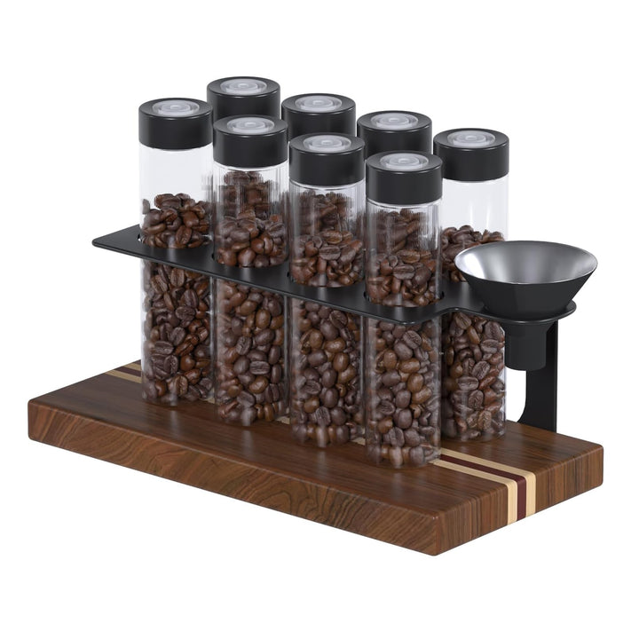 8 Tuben Kaffeebohnen Behälter, Walnuss Einzeldosis kaffeedose mit Ständer und Trichter, Espressobohn