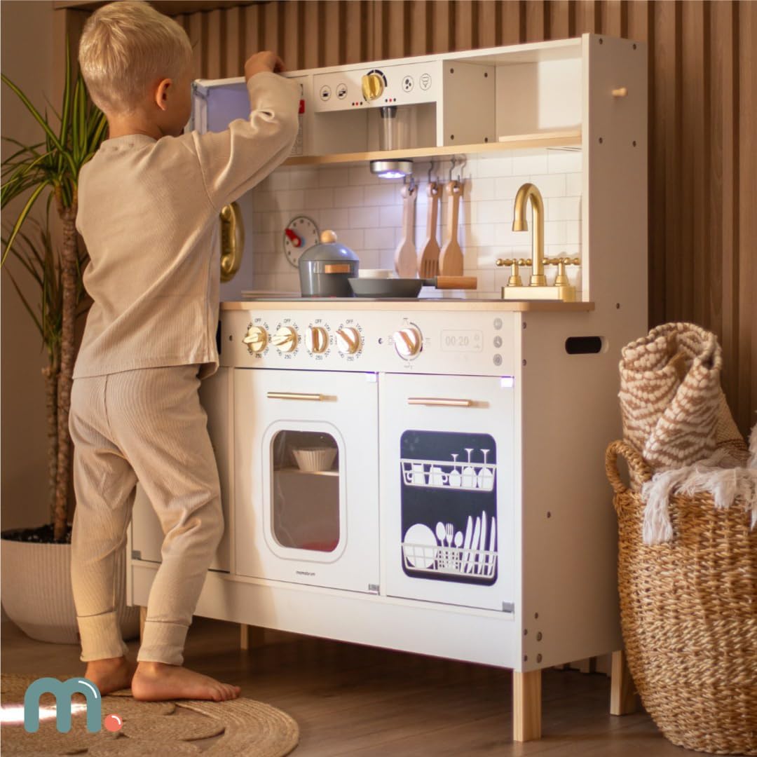 Mamabrum Holz-Kinderküche mit LED-Beleuchtung - Höhenverstellbare Spielküche Set mit Eiswürfelbereit