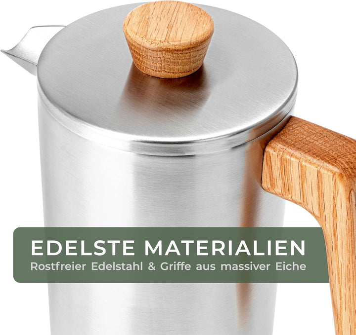 WALDWERK French Press (1L) - Kaffeebereiter aus doppelwandigem Edelstahl mit Holzgriff aus Eichenh