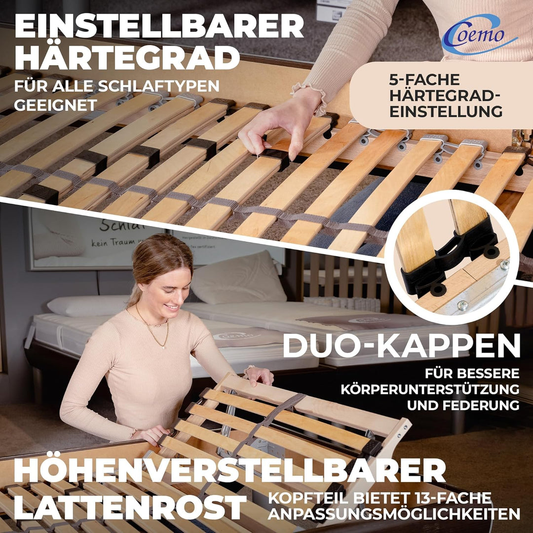 Coemo Lattenrost für Betten mit 7-Zonen, 2er-Set, Kopfteil verstellbar, Camping Lattenrost, 90x200,