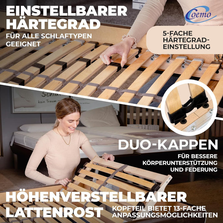 Coemo Lattenrost für Betten mit 7-Zonen, 2er-Set, Kopfteil verstellbar, Camping Lattenrost, 90x200,