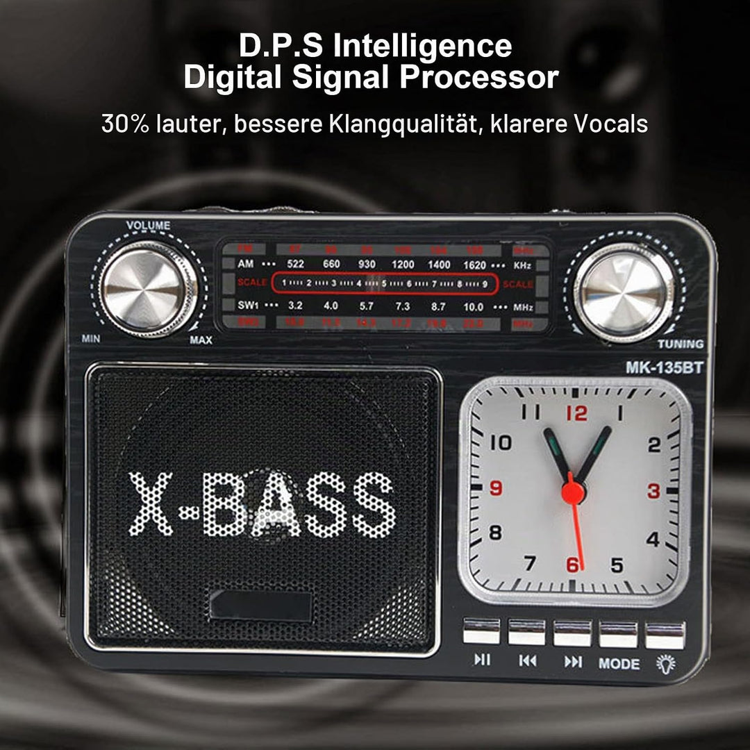AM FM SW Bandradio, Kleines Retro Vintage Radio mit Lichtuhr, Bluetooth Lautsprecher, Kopfhöreransch