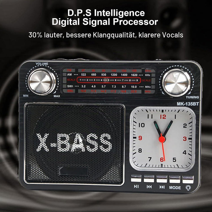 AM FM SW Bandradio, Kleines Retro Vintage Radio mit Lichtuhr, Bluetooth Lautsprecher, Kopfhöreransch