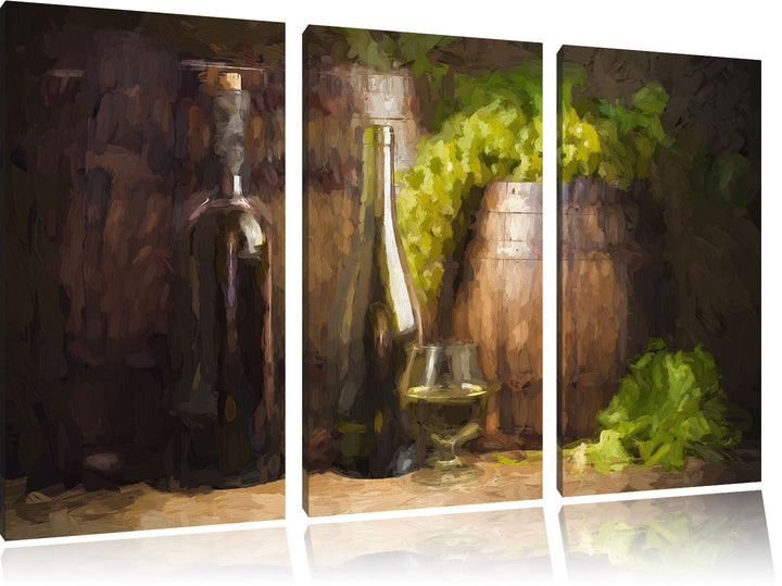 Pixxprint Fässer mit Weintrauben und Wein als Leinwandbild/Grösse: 3 Teilig (120x80) cm/Wandbild/Kun
