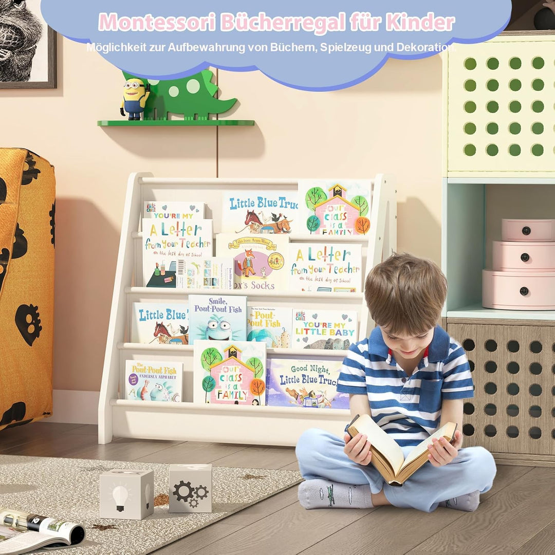 KEEPREAPER Bücherregal Kinder, Kinderregal mit 4 Stofffächern Kinderzimmer Regal 4 Ebenen Bücher-Org