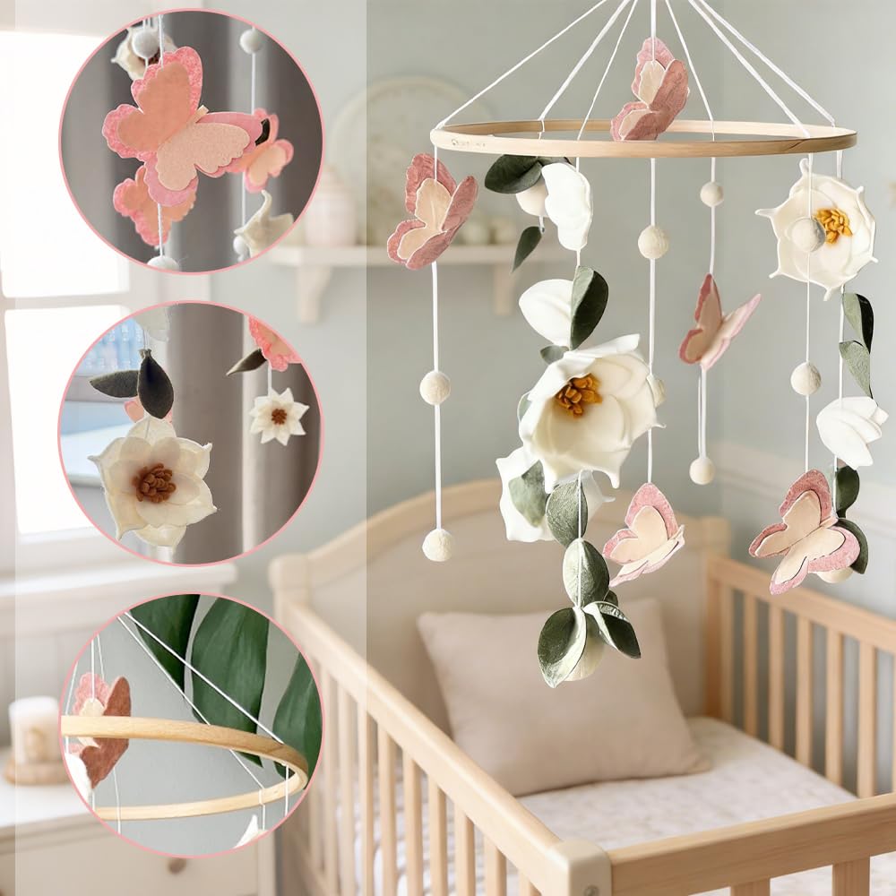 Baby Mobile Blumen & Schmetterlinge, Mobile fürs Babybett und Wickeltisch, Babyzimmer Deko mit Waldm