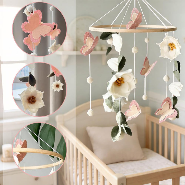 Baby Mobile Blumen & Schmetterlinge, Mobile fürs Babybett und Wickeltisch, Babyzimmer Deko mit Waldm