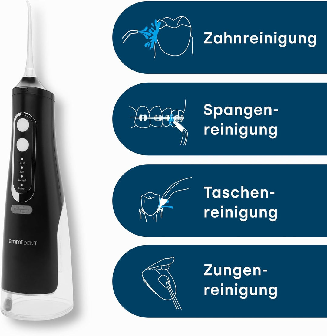 emmi-dent Munddusche kabellos 310 ml I Zahnzwischenraumreiniger mit 360° Reinigung für gründliche Za