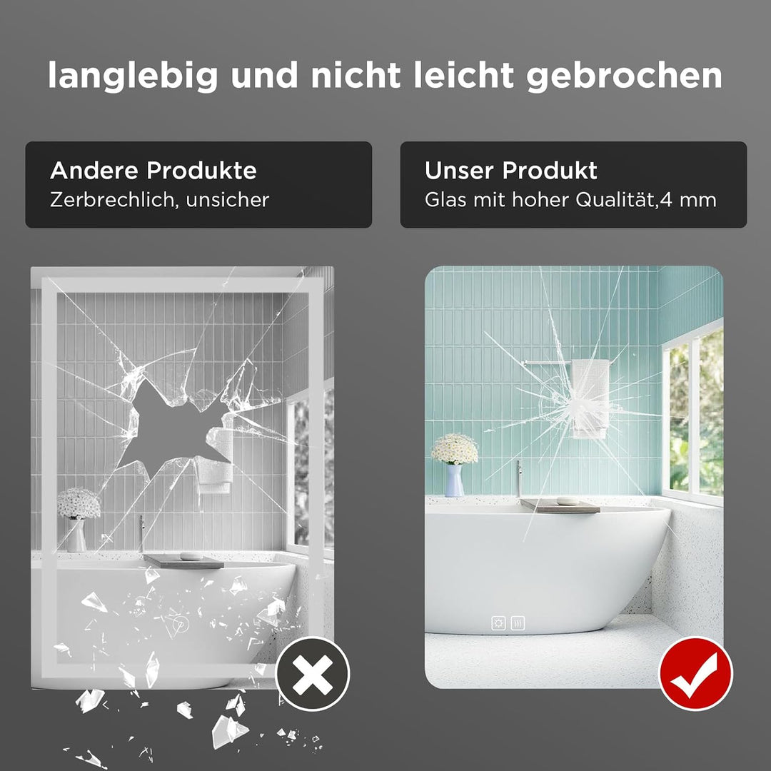 SANYCASA Backlight LED Badspiegel 50x70 cm – Wandspiegel mit Touch-Schalter, 3 Lichtfarben dimmbar,