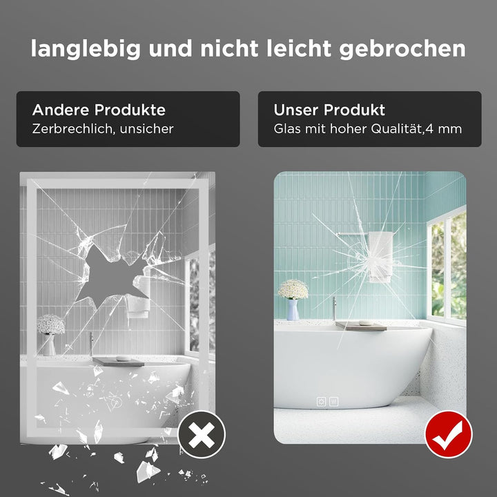 SANYCASA Backlight LED Badspiegel 50x70 cm – Wandspiegel mit Touch-Schalter, 3 Lichtfarben dimmbar,