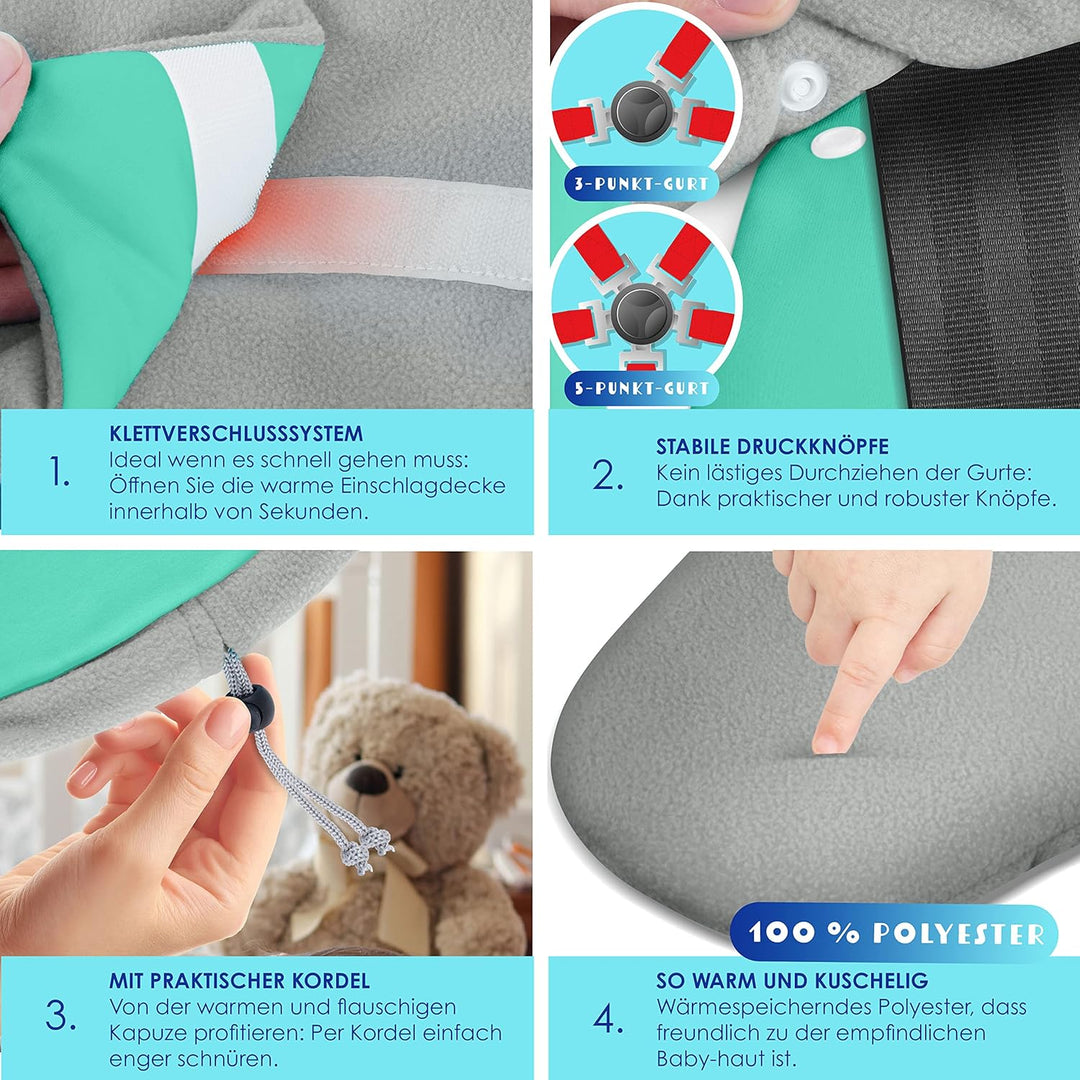 KIDIZ® Baby Einschlagdecke Winter mit Kapuze +Tasche Babyeinschlagdecke Universal für Babyschale, Au
