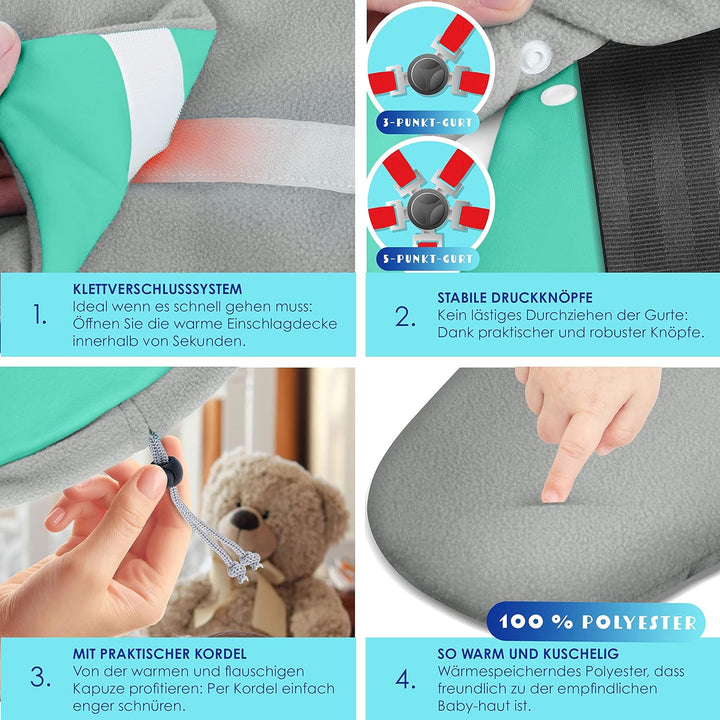 KIDIZ® Baby Einschlagdecke Winter mit Kapuze +Tasche Babyeinschlagdecke Universal für Babyschale, Au