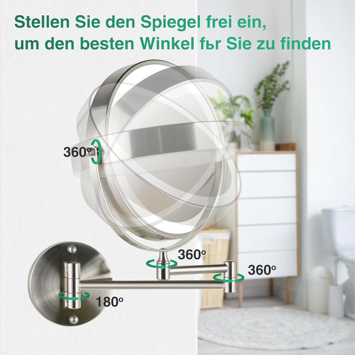 Aufladbarer Wandmontiertes Make-up Spiegel in gepoliertem Nickel, mit Beleuchtung, zweiseitig 1X/10X