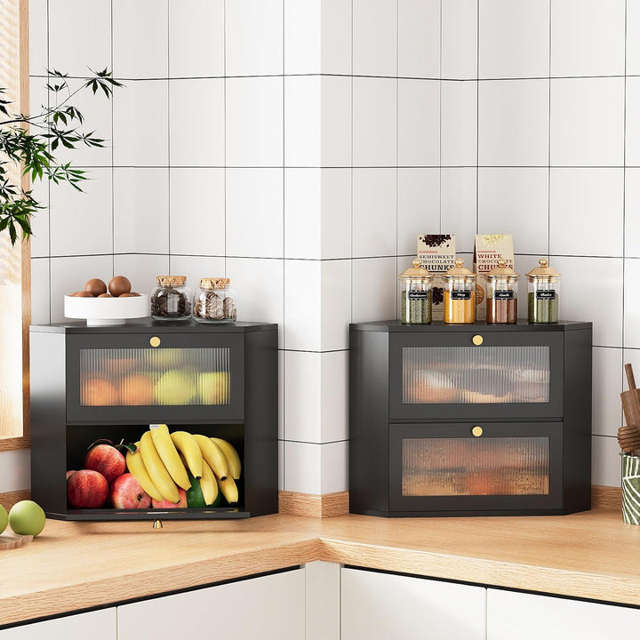 VEDECASA Bambus Brotkasten für Küche 2-Etagen Eck-brotkasten mit transparenter Acryl-Tür lebensmitte