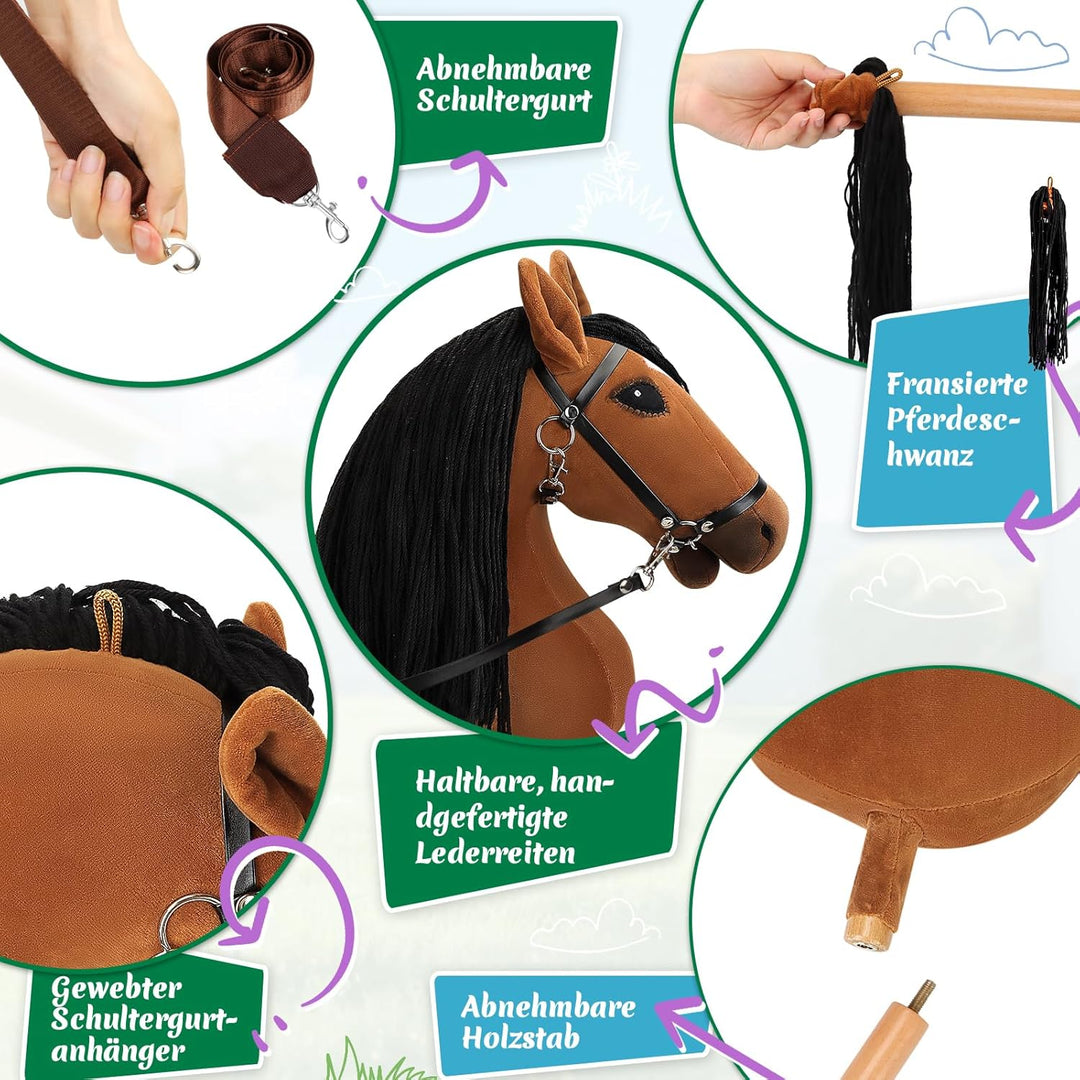 Hobby Horse, A3 Kopfgrösse Steckenpferd Kinder, Hobby Horsing mit Weichem Plüschhalfter, Fliessendem