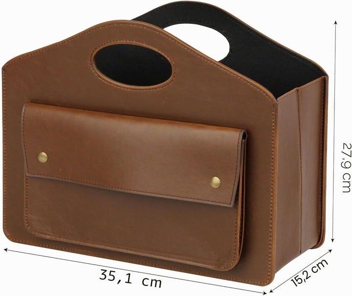HofferRuffer Leder Zeitschriftenhalter mit Griff, Faltbarer Zeitungshalter mit Kleiner Vordertasche,