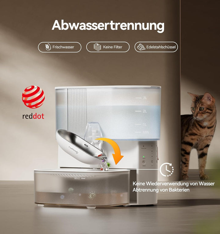FEELNEEDY Katzenbrunnen Kabellos Ohne Filter|Trennung von Frisch und Abwasser|Trinkbrunnen für Katze